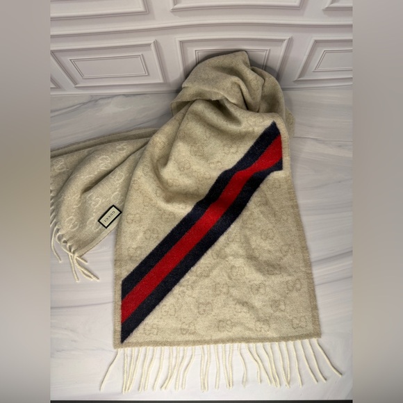 Gucci GG Monogram Wool Scarf w/ Web Stripe | Like New - Picture 3 of 6